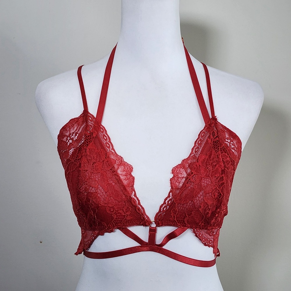 Honeydew Intimates Lace Bralette Womens Medium Red Strappy Cage Back Lingerie